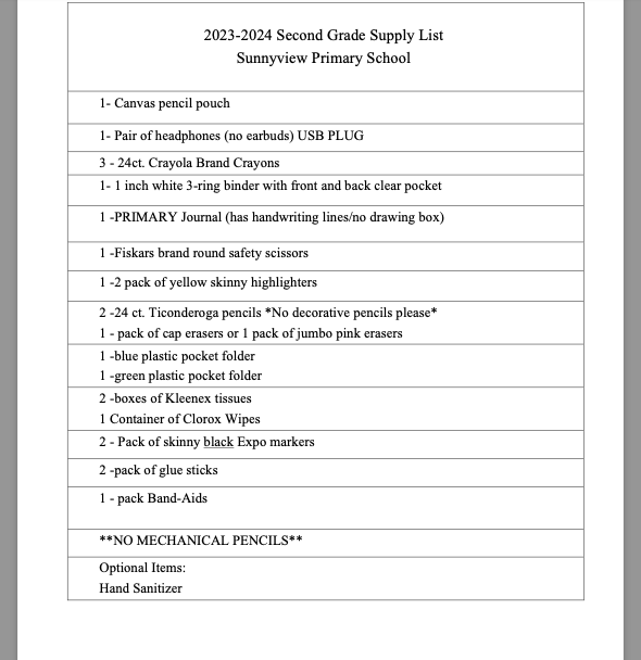 Grade 2 Supply List